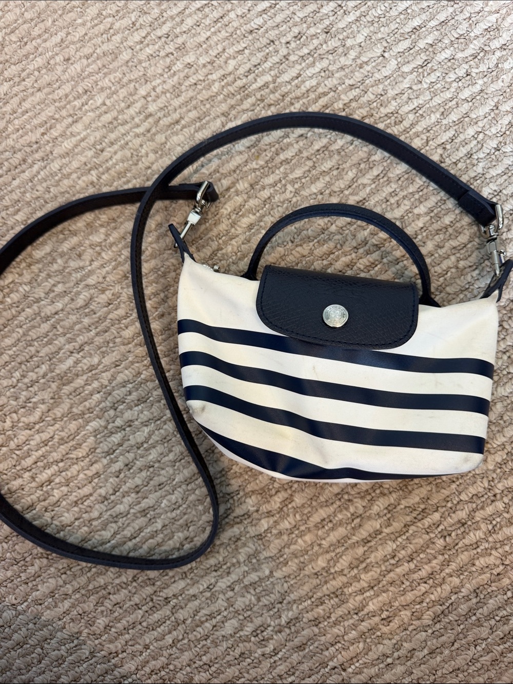 Longchamp Navy and White Striped Crossbody Bag